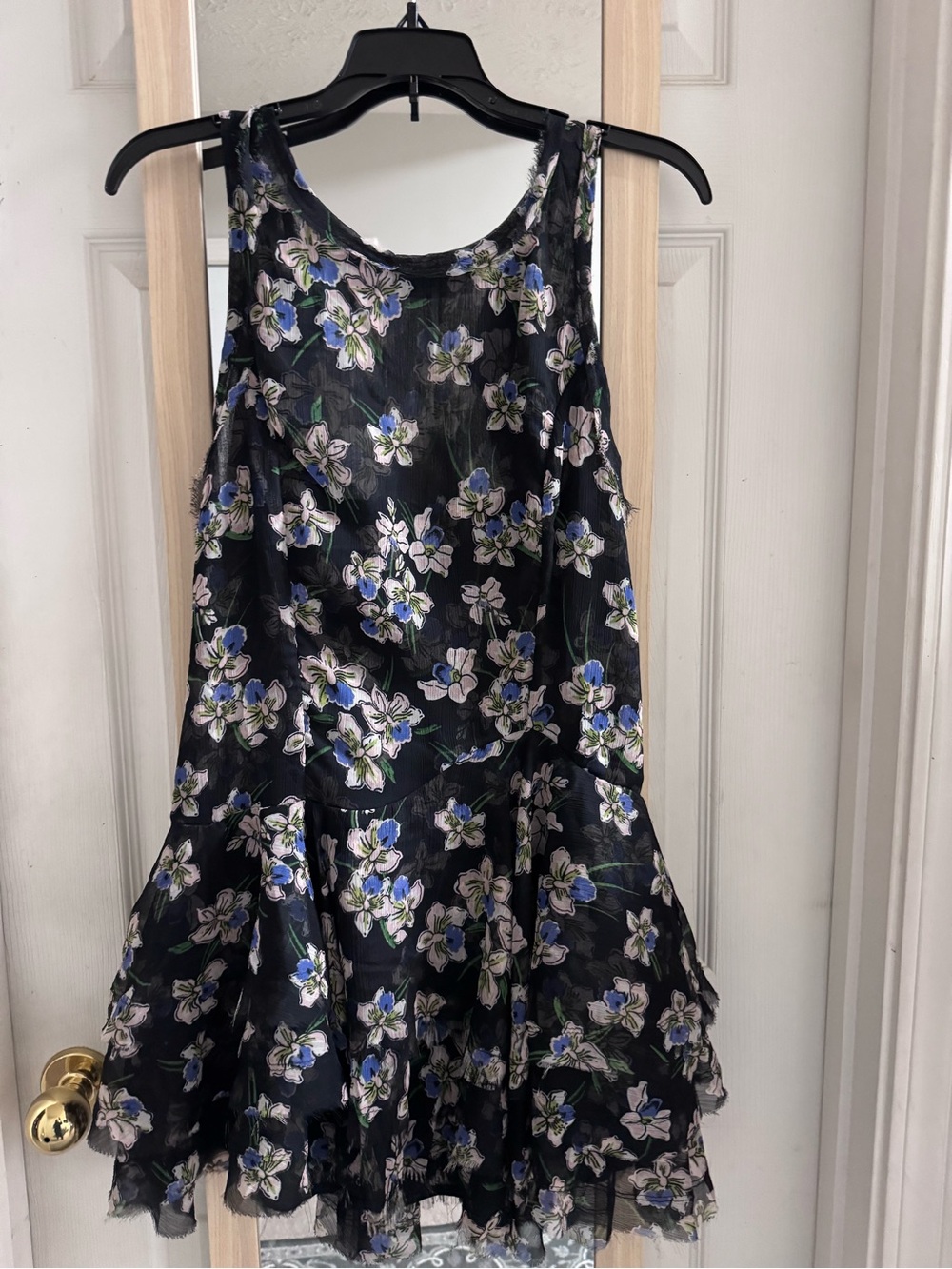 Free People Black Floral Tiered Dress with Blue & White Blossoms